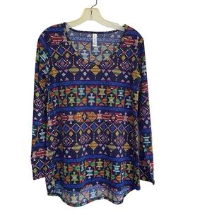 LuLaRoe LYNNAE Blue Aztec Long Sleeve Knit Top Size SMALL